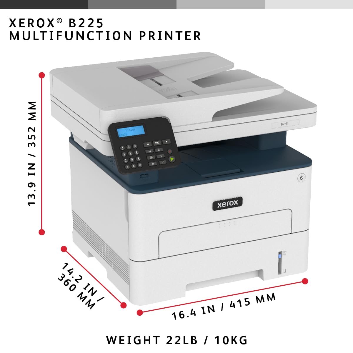 Xerox B225 Multifunction Wireless Mono Laser 3-In-One Duplex Printer Up To 36ppm w/ 50-Page Auto Document Feeder - Black - Image 2