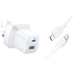 Anker 323, 33W Wall Charger + USB-C To Lightning Cable 3ft, USB Type-A & USB Type-C Interface, ActiveShield Safety System, Portable, Universal Compatibility, White