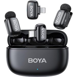 BOYA mini 2-01 (Type-C & Lightning) Wireless Microphone for iPhone & Android, AI Noise Cancellation,App Control, 48k Hz/24 Bit, 30H Battery Life with Charging Case,Lapel Microphone Wireless for Video Recording Vlog Streaming , Black