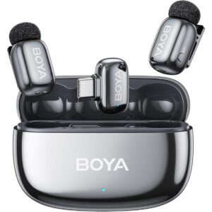 BOYA mini 2-02 (Type-C) Wireless Lavalier Microphones for iPhone 15/16/17 & Android, AI Noise Cancellation, App Control, 30H Battery Life with Charging Case, Lapel Microphone Wireless for Video Recording Vlogging , Silver