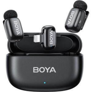 BOYA mini 2-03 (Lightning) Wireless Lavalier Microphones for iPhone 15/16/17 & Android, AI Noise Cancellation, App Control, 30H Battery Life with Charging Case, Lapel Microphone Wireless for Video Recording Vlogging , Black