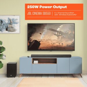 JBL Cinema SB550 3.1 Channel Soundbar with Wireless Subwoofer, 250W Output, 3x (45 x 100) mm Racetrack Drivers + 2x 13mm Tweeters Soundbar, Bluetooth 5.3 Connectivity, Black