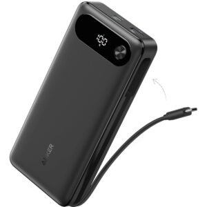 Anker Power Bank, 20,000mAh Travel Essential Portable Charger with Built-in USB-C Cable, 3-Port 87W Max Fast Charging Battery Pack, for MacBook, iPhone 16/15 Series, Samsung, Switch, and More - Black
