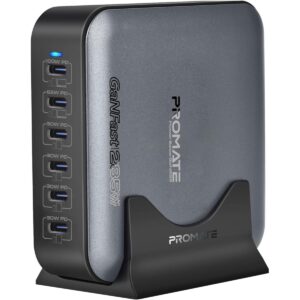 Promate PowerBase-GaN285 285W GaN Charging Station, 6-Port USB-C Desktop Charger with PPS, 100W/65W/30W Outputs, Overheat Protection, Stand and 1.5M Cable, for MacBook, iPhone, Galaxy - Black