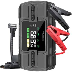 Promate PatrolPack-3 Jump Starter Power bank & Flashlight, 1200A/12V High-Capacity, 150PSI Air Compressor, 12000mAh, Fast Charging Ports, Automatic TPMS Function, Black