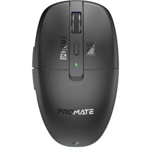 Promate Flixi Triple Mode Wireless Mouse with Bluetooth 5.1, Dual 2.4GHz USB-A & USB-C Dongles, 800/1200/1600 DPI, Silent Clicks, 500mAh Battery, 7-Color LED, Type-C Charging, 10m Range - Black