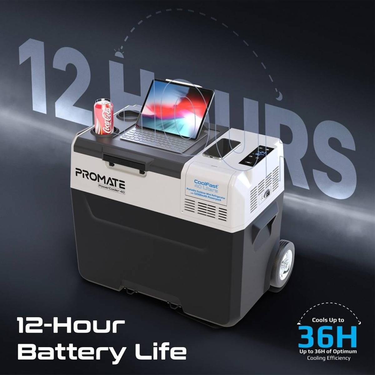 Promate PowerCooler-40 CoolFast 40 Liters Portable Outdoor Mini Refrigerator, 52000mAh Powerpack, 42G/R134A Fridge Refrigerant, 400lm LED Flashlight, 1.5m Power Adapter Cable, Gray/White - Image 7