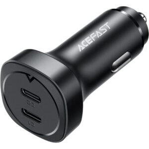 ACEFAST B2-72W Dual USB-C, Dual-port Metal Fast Car Charger, Support PD30W, PPS, QC3.0/QC2.0, AFC, FCP, Compatible with Xiaomi, iPhone, Samsung, Oppo - Black