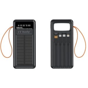 IT Holy B53 Solar Power Bank 50000mAh, 10W Charging | Solar Panel Portable Charger with 4 built-in cables | Digital Display LED Torch | Compatible with Smartphones Tablets - Black