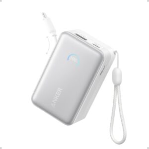 Anker Nano Power Bank, 10,000mAh Portable Charger with 2.3 ft InstaCord Retractable Cable, 45W Max Compact Battery Pack, Smart Display, for iPhone 16 Series, iPad, Galaxy, Pixel, and More - White