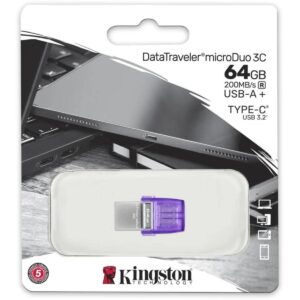 Kingston DataTraveler microDuo 3C 64GB USB-C & USB-A Flash Drive | Speeds up to 200 MB/s | USB 3.2 Gen 1 | Duo Connector | DTDUO3CG3/64GB